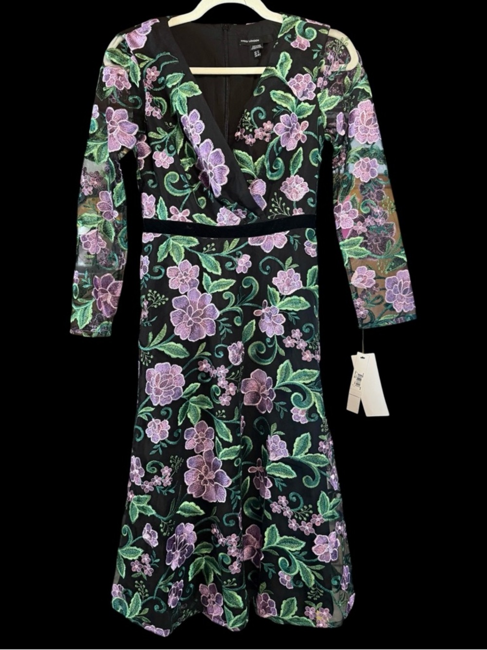 Maggie London Purple Green Embroidered Midi Dress Sheer Sleeves Velvet Waist